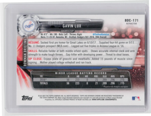 2017 Bowman Draft Gavin Lux Chrome Refractor #BDC-171 Dodgers - Image 3