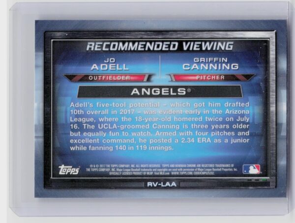 2017 Bowman Draft Jo Adell / Griffin Canning #RV-LAA Angels Recommended Viewing - Image 3