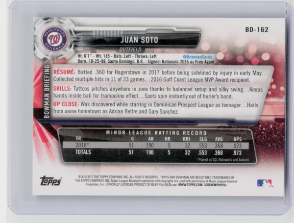 2017 Bowman Draft Juan Soto #BD-162 Nationals - Image 3