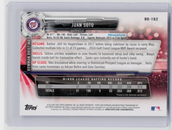 2017 Bowman Draft Juan Soto #BD-162 Nationals - Image 3