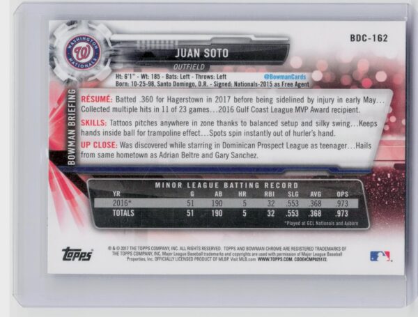 2017 Bowman Draft Juan Soto Chrome #BDC-162 Nationals - Image 3
