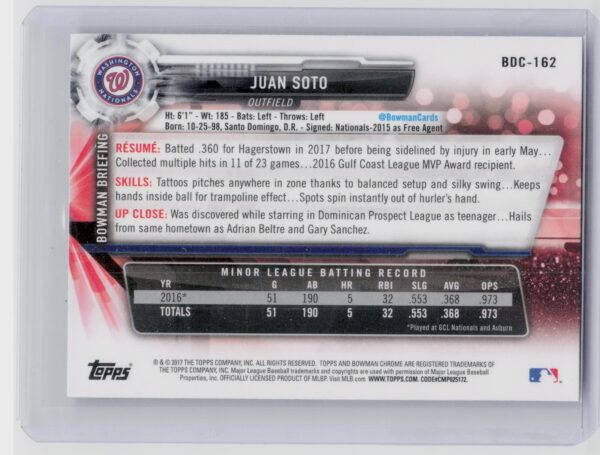 2017 Bowman Draft Juan Soto Chrome #BDC-162 Nationals - Image 3