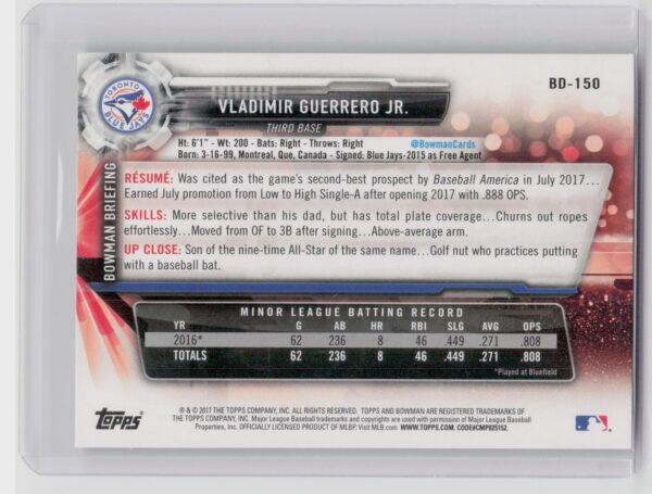 2017 Bowman Draft Vladimir Guerrero Jr. #BD-150 Jays - Image 3