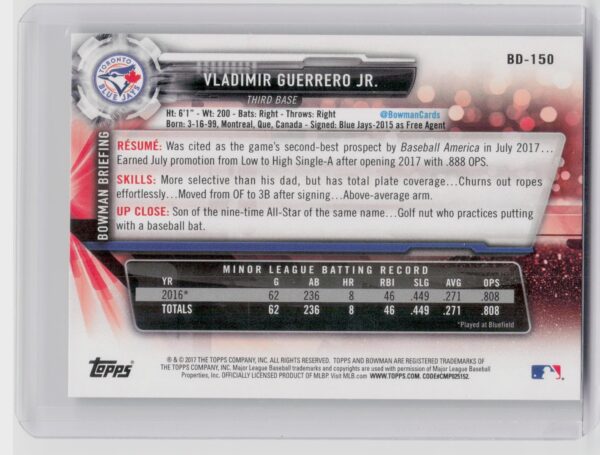 2017 Bowman Draft Vladimir Guerrero Jr. #BD-150 Jays - Image 3