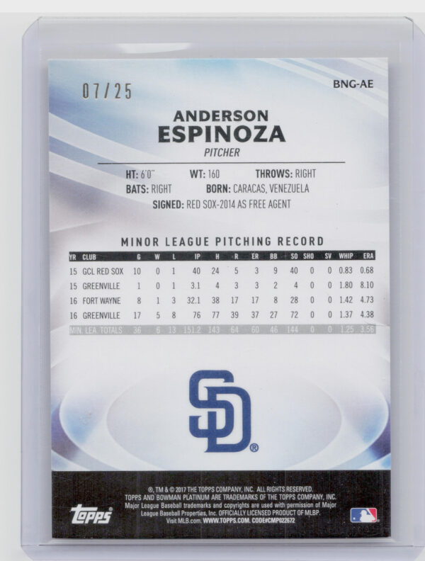 2017 Bowman Platinum Anderson Espinoza SN25 #BNG-AE Padres Bowman's Next Generat - Image 3