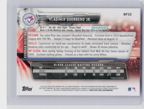 2017 Bowman Vladimir Guerrero Jr. #BP32 Jays Prospects - Image 3