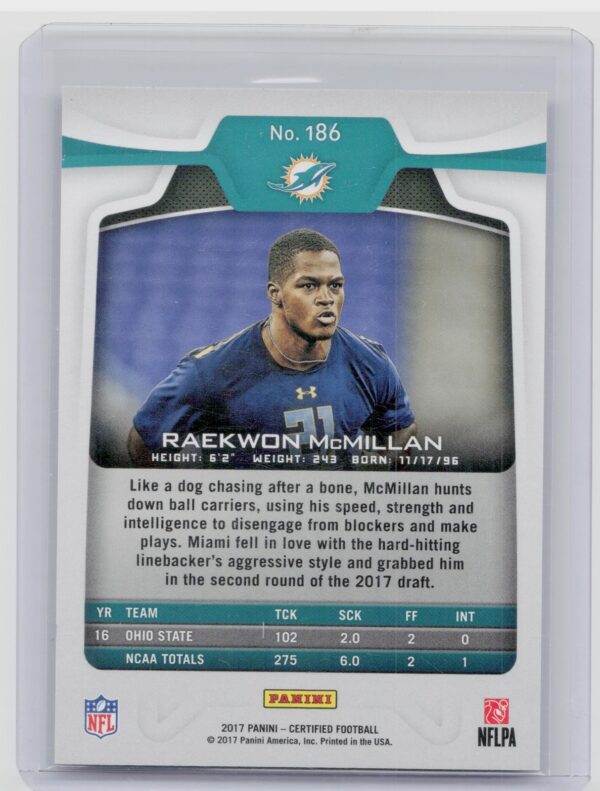 2017 Certified Raekwon McMillan rookie /999 #186 Dolphins - Image 3