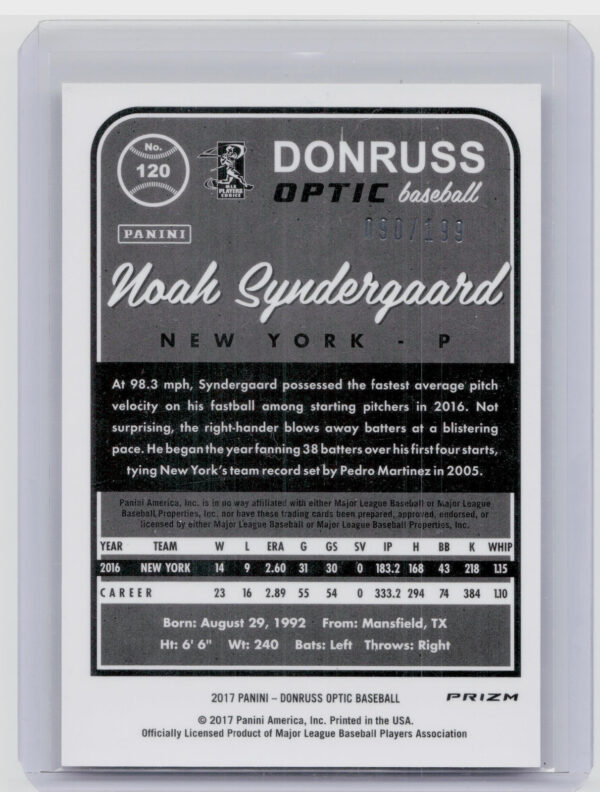 2017 Donruss Optic Noah Syndergaard Orange SN199 #120 Mets - Image 3