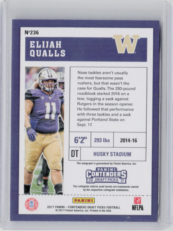 2017 Panini Contenders Draft Picks Elijah Qualls #236 Huskies - Image 3