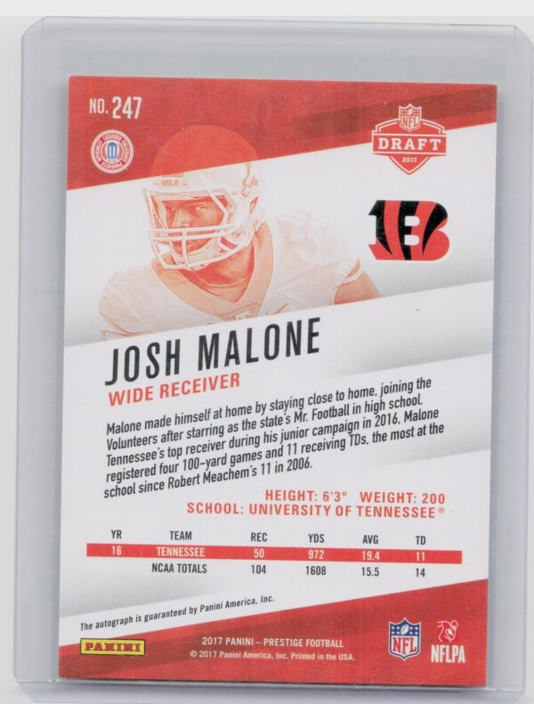 2017 Panini Prestige Josh Malone AU SN150 #247 Bengals Rookie Signatures Xtra Po - Image 3