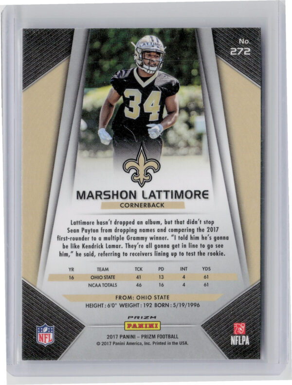 2017 Panini Prizm Marshon Lattimore Prizm #272 Saints - Image 3
