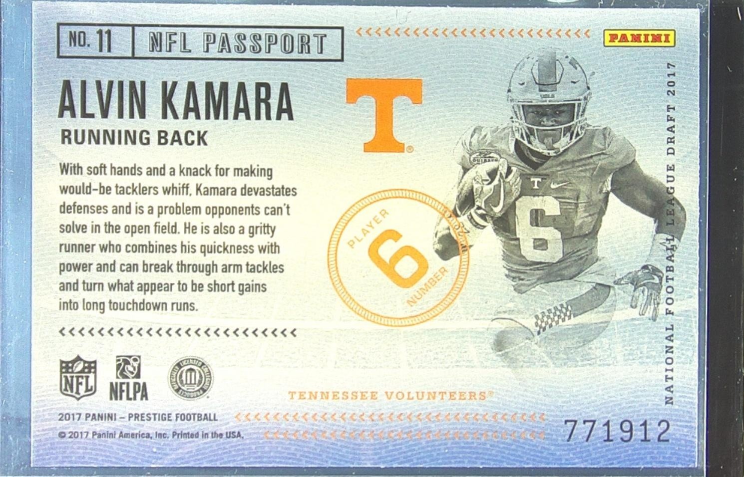 2017 Prestige Alvin Kamara RC #11 Volunteers NFL Passport - Image 3
