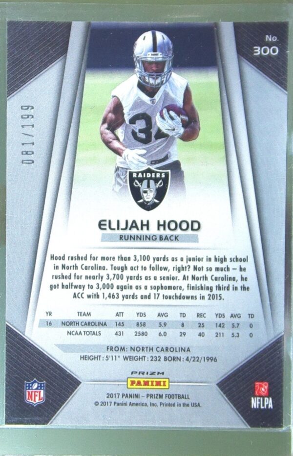 2017 Prizm Elijah Hood Prizm Light Blue /199 RC #300 Raiders - Image 3