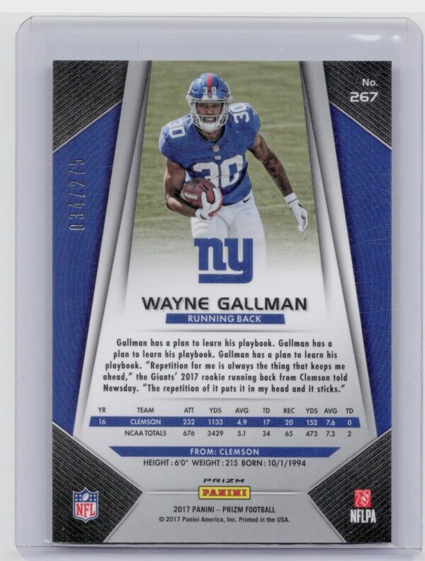 2017 Prizm Wayne Gallman Prizm Orange /275 #267 Giants - Image 3