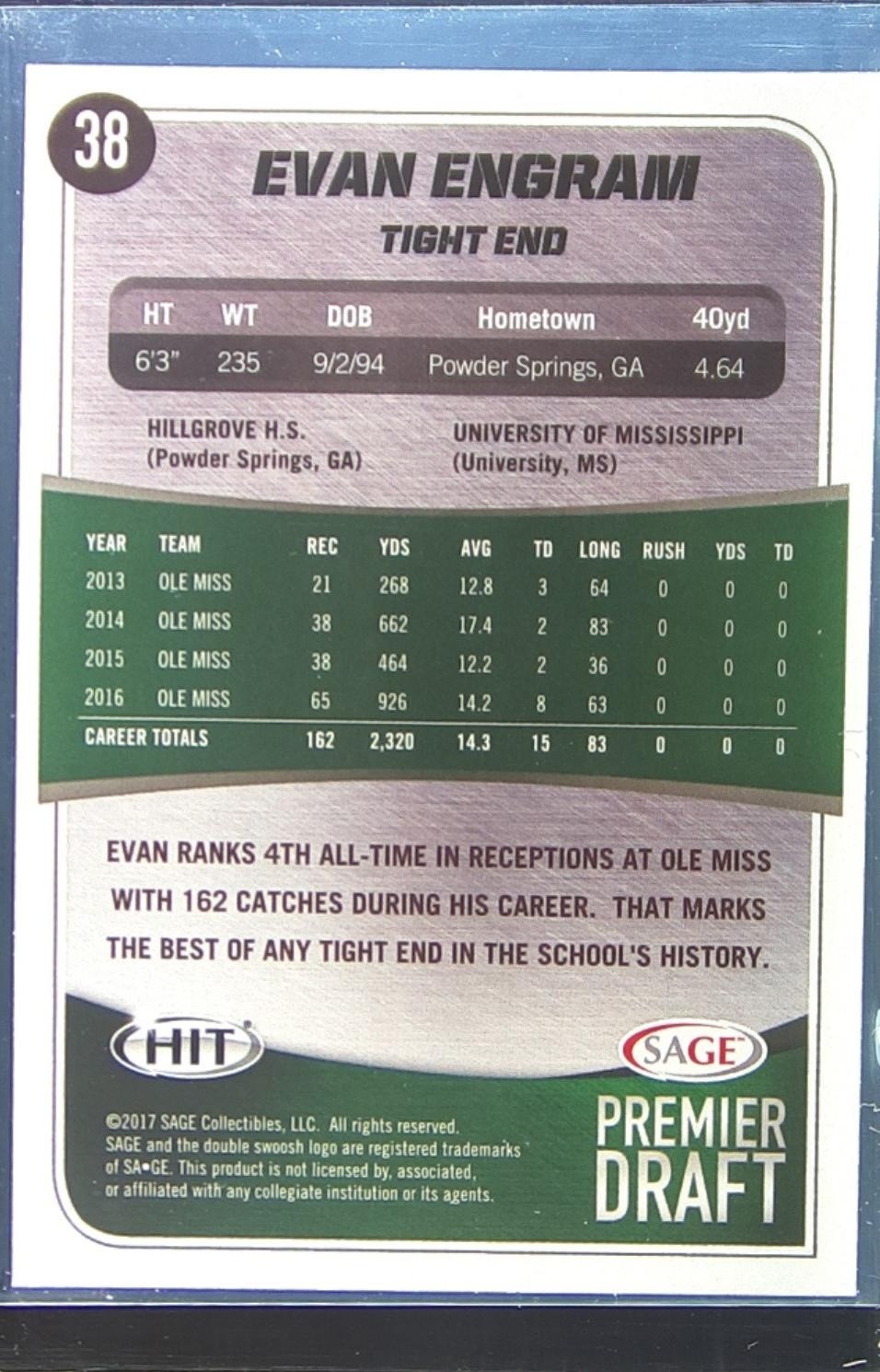 2017 SAGE HIT Evan Engram RC #38 Rebels - Image 3