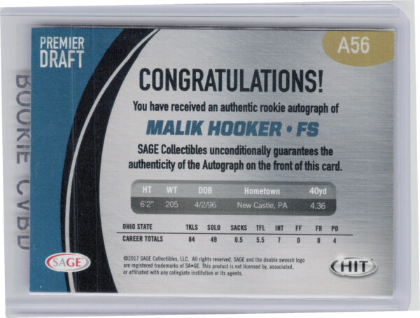 2017 SAGE HIT Malik Hooker AU SN250 #A56 Buckeyes Autographs Gold - Image 3