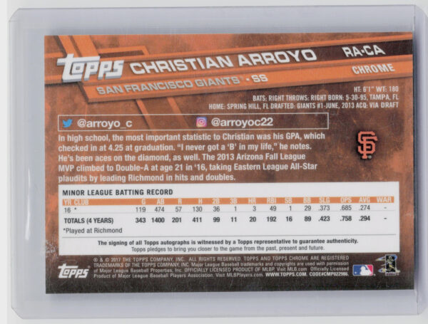 2017 Topps Chrome Christian Arroyo AU #RA-CA Giants Rookie Autographs - Image 3