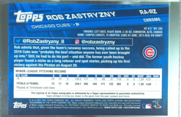 2017 Topps Chrome Rob Zastryzny Auto RC #RA-RZ Cubs Rookie Autographs - Image 3