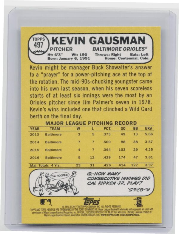 2017 Topps Heritage Kevin Gausman Blue Borders #497 Orioles - Image 3