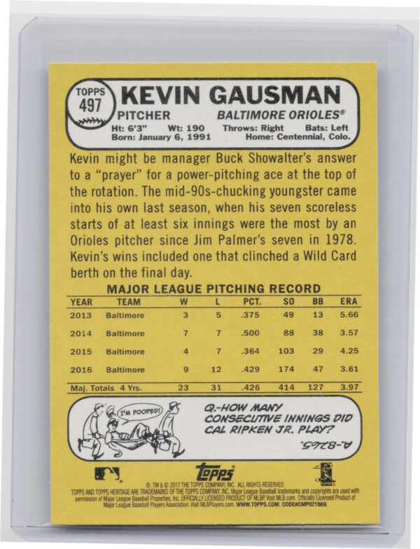2017 Topps Heritage Kevin Gausman Blue Borders #497 Orioles - Image 3