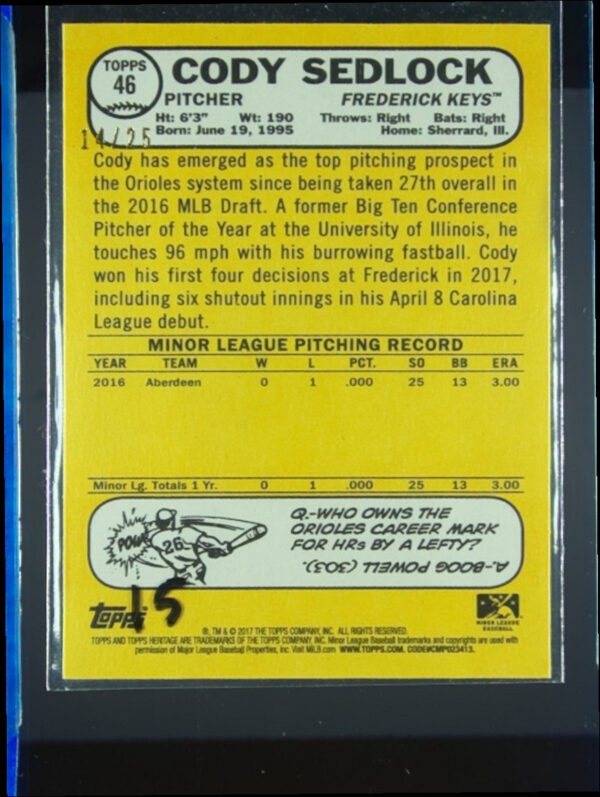 2017 Topps Heritage Minor League Cody Sedlock Gray Border SN25 #46 Keys - Image 3