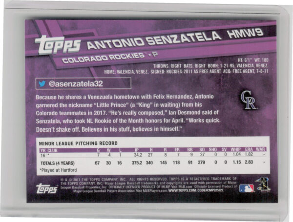 2017 Topps Holiday Antonio Senzatela RC #HMW9 Rockies - Image 3