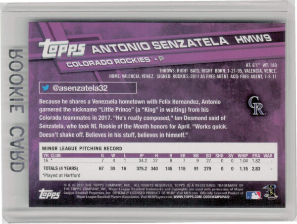2017 Topps Holiday Antonio Senzatela RC #HMW9 Rockies - Image 3