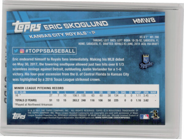 2017 Topps Holiday Eric Skoglund RC #HMW8 Royals - Image 3