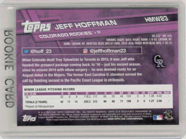 2017 Topps Holiday Jeff Hoffman RC #HMW23 Rockies - Image 3