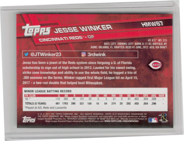 2017 Topps Holiday Jesse Winker RC #HMW67 Reds - Image 3