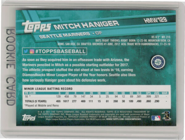 2017 Topps Holiday Mitch Haniger RC #HMW129 Mariners - Image 3