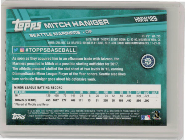 2017 Topps Holiday Mitch Haniger RC #HMW129 Mariners - Image 3