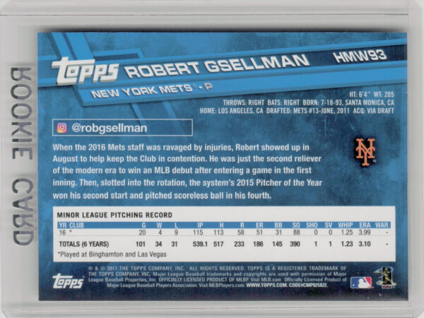2017 Topps Holiday Robert Gsellman RC #HMW93 Mets - Image 3