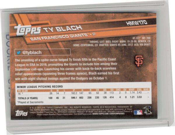 2017 Topps Holiday Ty Blach RC #HMW170 Giants - Image 3