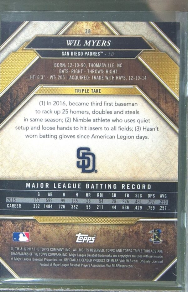 2017 Topps Triple Threads Wil Myers Emerald /250 #38 Padres - Image 3