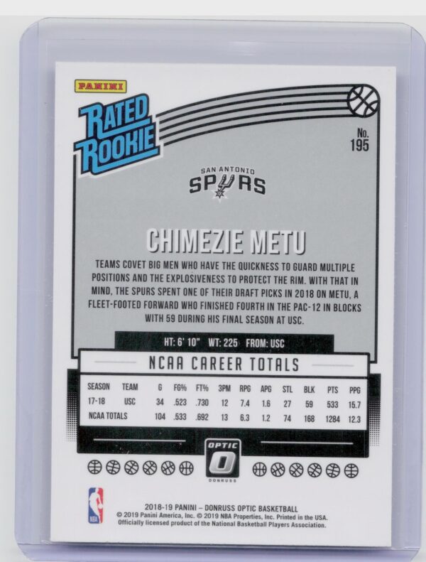 2018-19 Donruss Optic Chimezie Metu RC #195 Spurs - Image 3