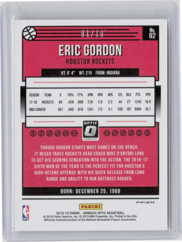 2018-19 Donruss Optic Eric Gordon Gold #92 Rockets - Image 3