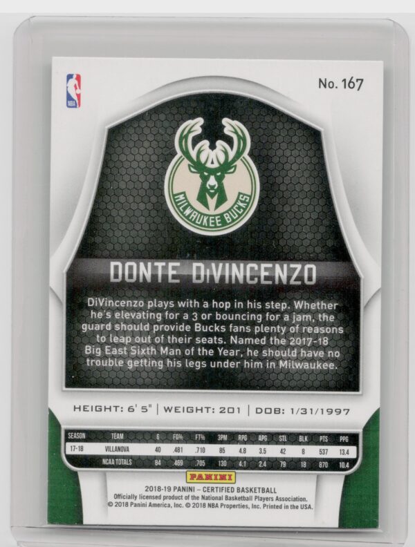 2018-19 Panini Certified Donte DiVincenzo RC #167 Bucks - Image 3