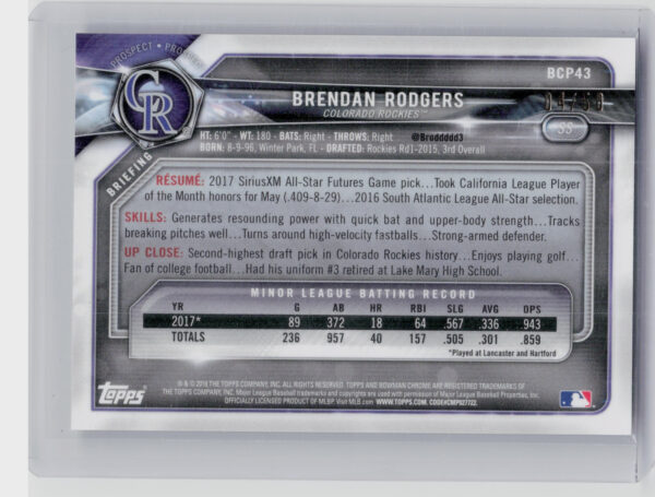 2018 Bowman Brendan Rodgers SN50 #BCP43 Rockies Chrome Prospects Mojo Refractor - Image 3