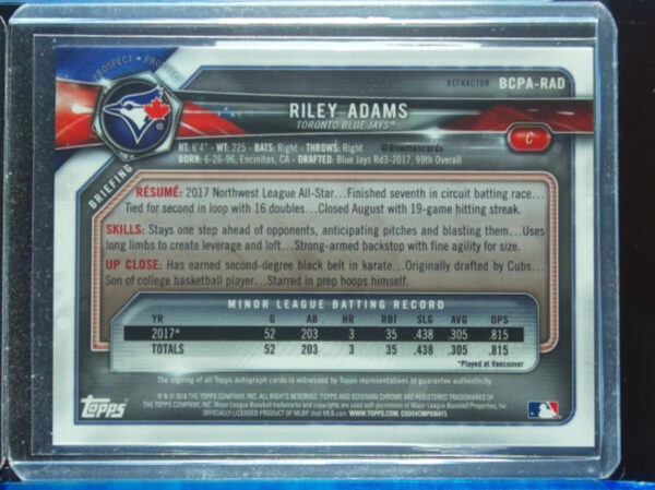 2018 Bowman Chrome Riley Adams AU SN499 #BCPA-RAD Jays Prospects Autographs Refr - Image 3