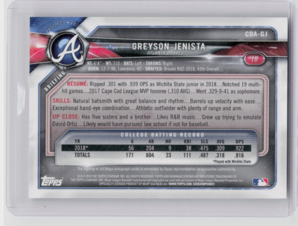 2018 Bowman Draft Greyson Jenista AU #CDA-GJ Braves Chrome Draft Pick Autographs - Image 3