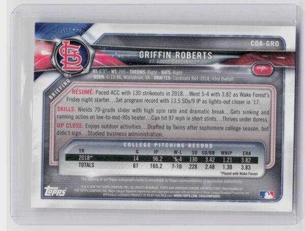 2018 Bowman Draft Griffin Roberts AU #CDA-GRO Cardinals Chrome Draft Pick Autogr - Image 3