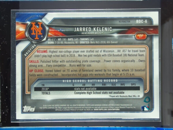 2018 Bowman Draft Jarred Kelenic Chrome Refractors #BDC-6 Mets - Image 3