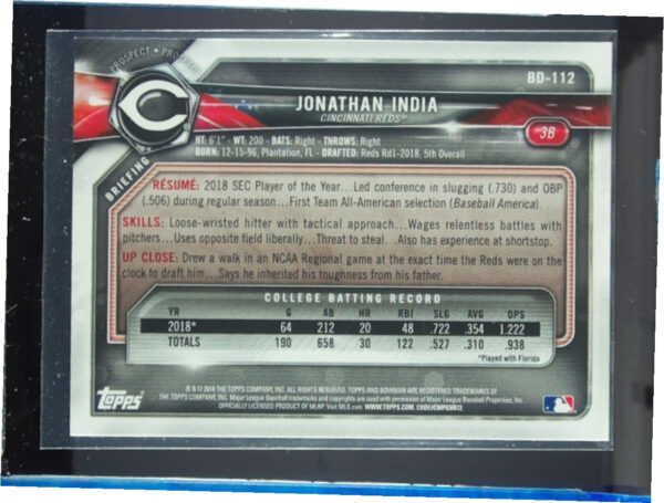 2018 Bowman Draft Jonathan India #BD-112 Reds - Image 3