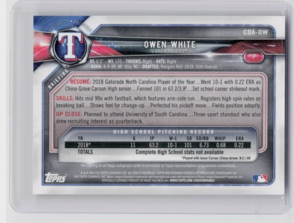 2018 Bowman Draft Owen White AU #CDA-OW Rangers Chrome Draft Pick Autographs - Image 3