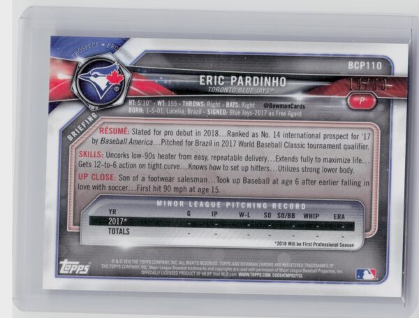 2018 Bowman Eric Pardinho /50 #BCP110 Jays Chrome Prospects Mojo Refractor Gold - Image 3