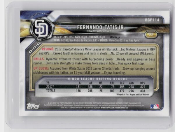 2018 Bowman Fernando Tatis Jr. #BCP114 Padres Chrome Prospects Mojo Refractor - Image 3