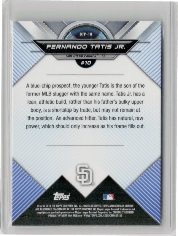 2018 Bowman Fernando Tatis Jr. #BTP-10 Padres Bowman Chrome Scouts' Top 100 - Image 3