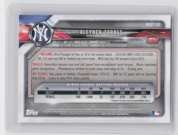 2018 Bowman Gleyber Torres #BCP100 Yankees Chrome Prospects - Image 3