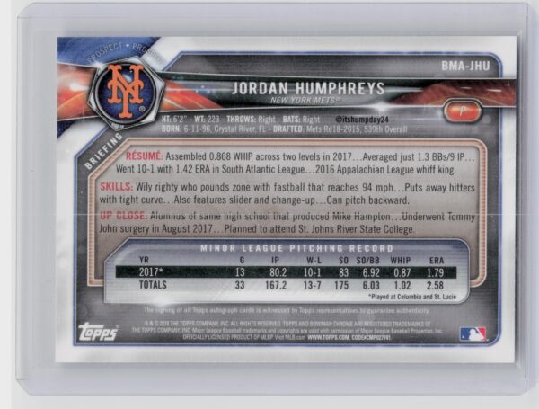 2018 Bowman Jordan Humphreys AU #BMA-JHU Mets Chrome Mega Autographs - Image 3